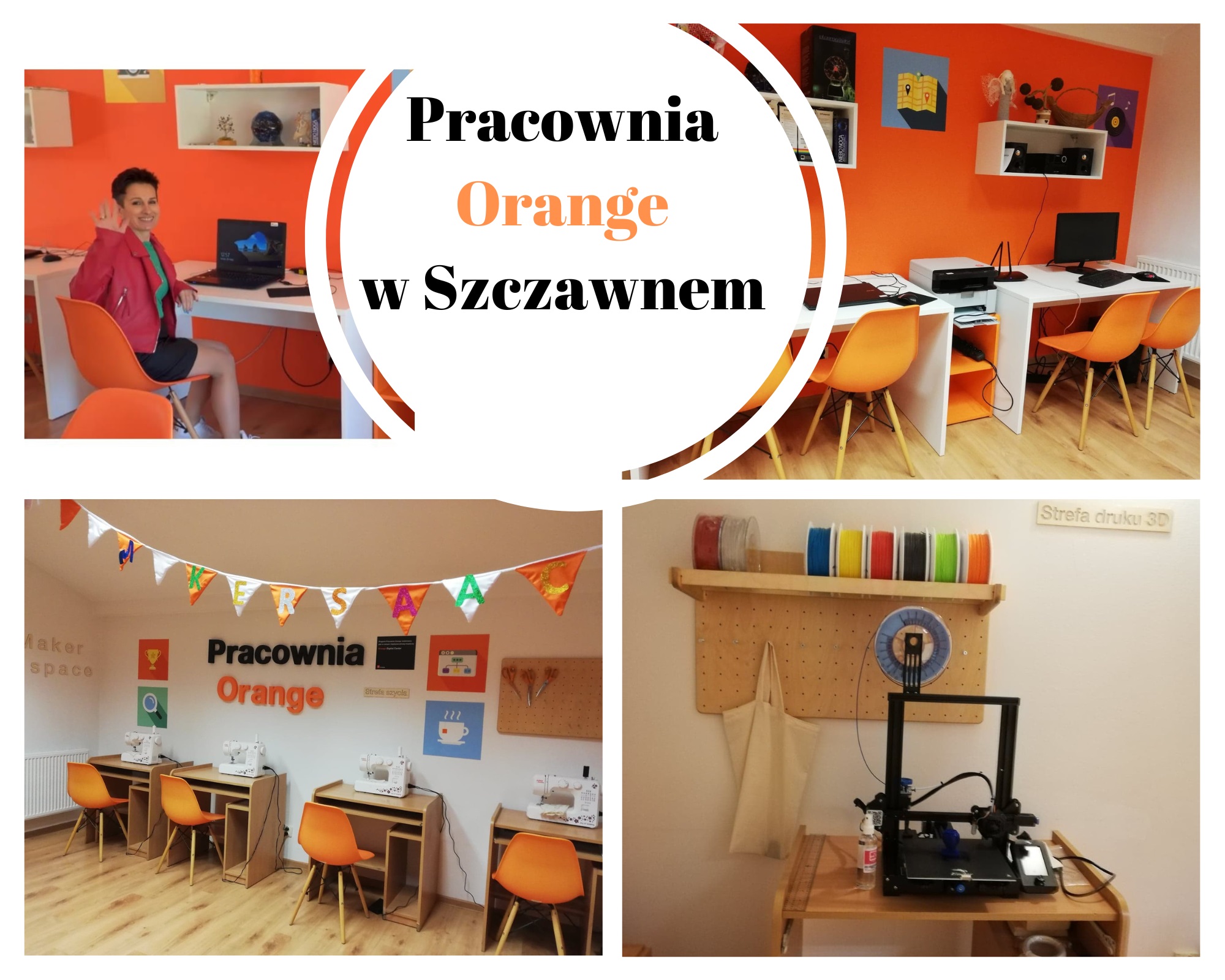 Zdjęcia przedstawiające wnętrze Pracowni Orange w Szczawnem oraz liderkę Pracowni.