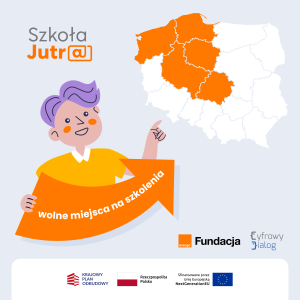 Grafika szkoły jutr@. Osoba wskazująca na mapę Polski z kilkoma województwami zaznaczonymi na pomarańczowo.