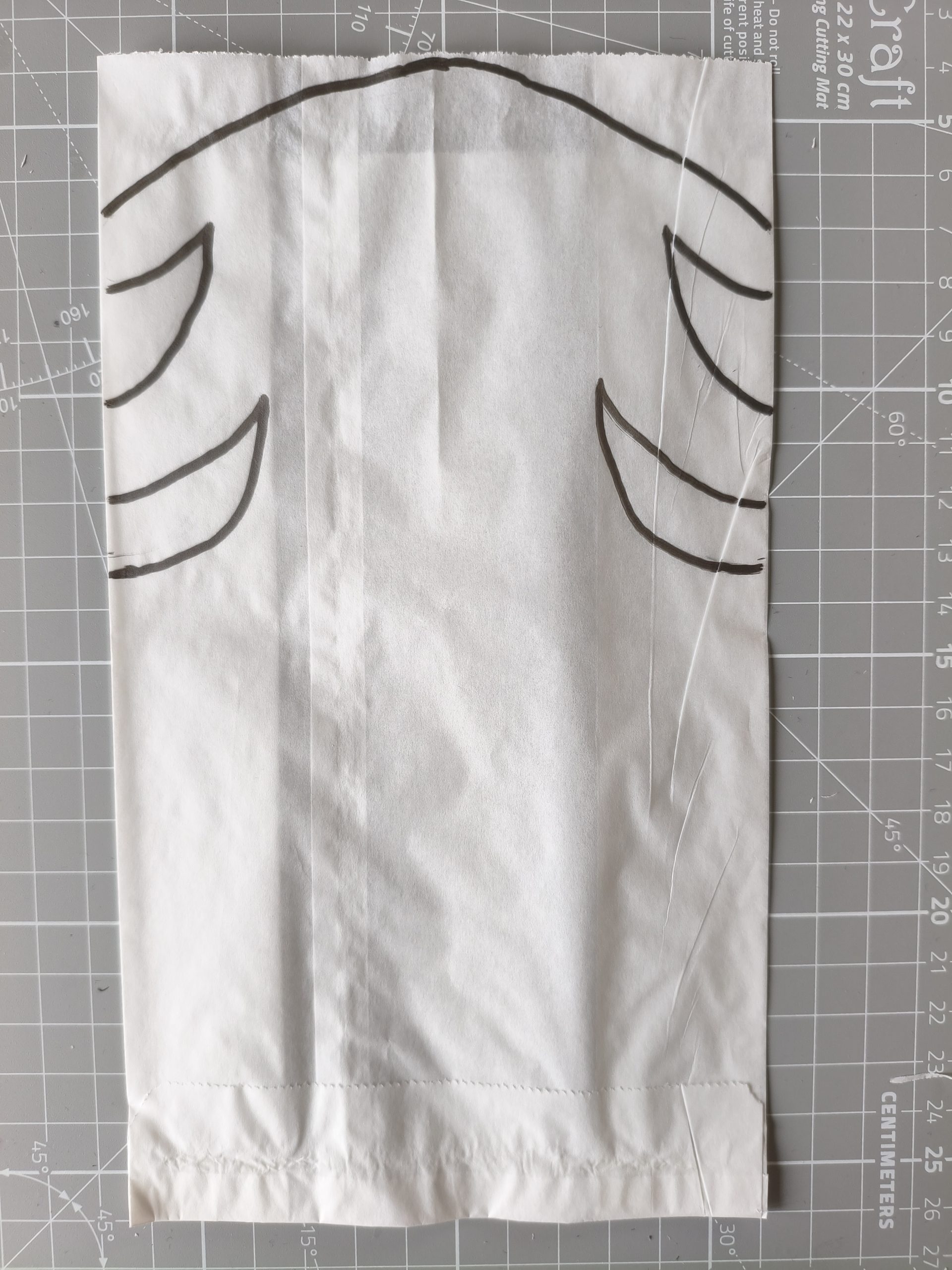 Papierowa torebka z namalowanymi kreskami do wycięcia.