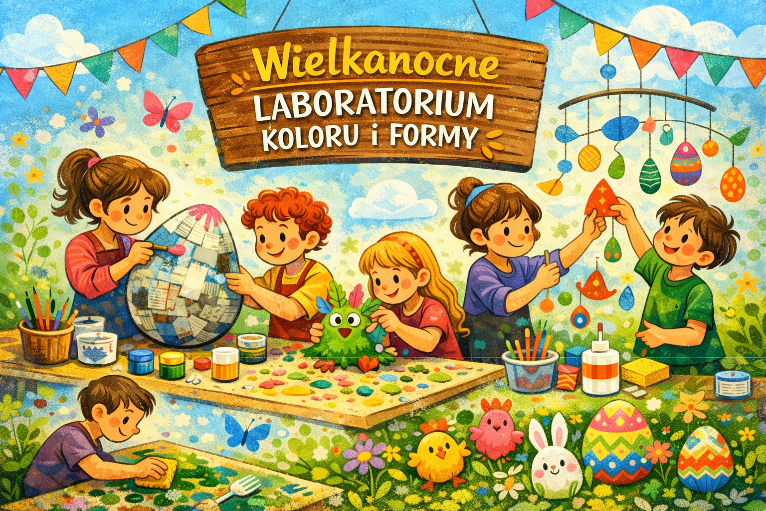 Dzieci tworzące ozdoby wielkanocne.