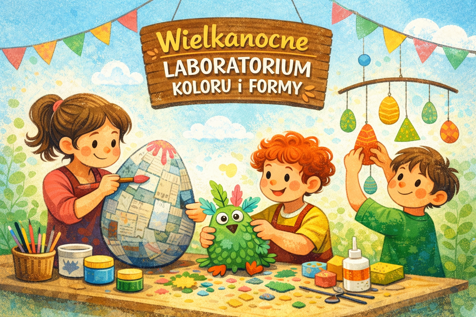 Dzieci tworzące wielkanocne ozdoby.