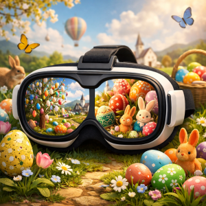 Gogle VR z wielkanocnymi ozdobami.