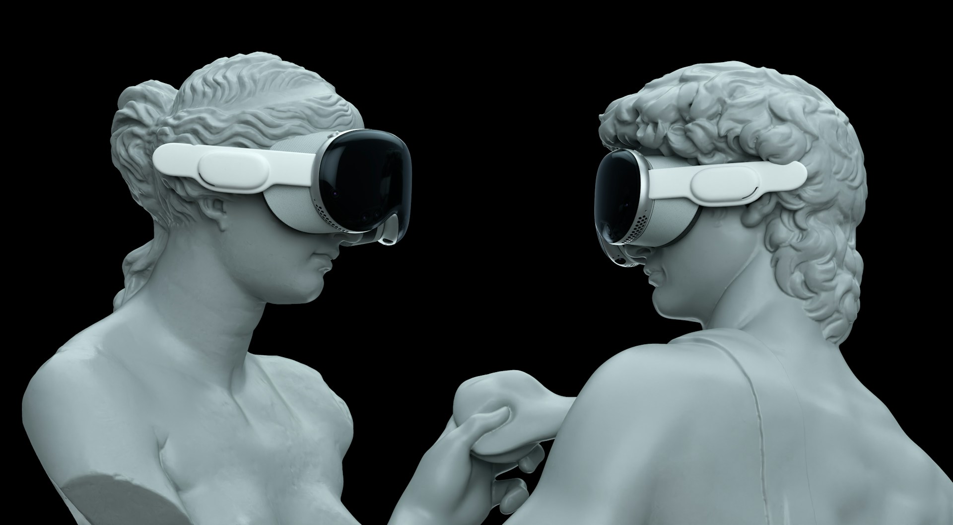 Dwie rzeźby w okularach VR