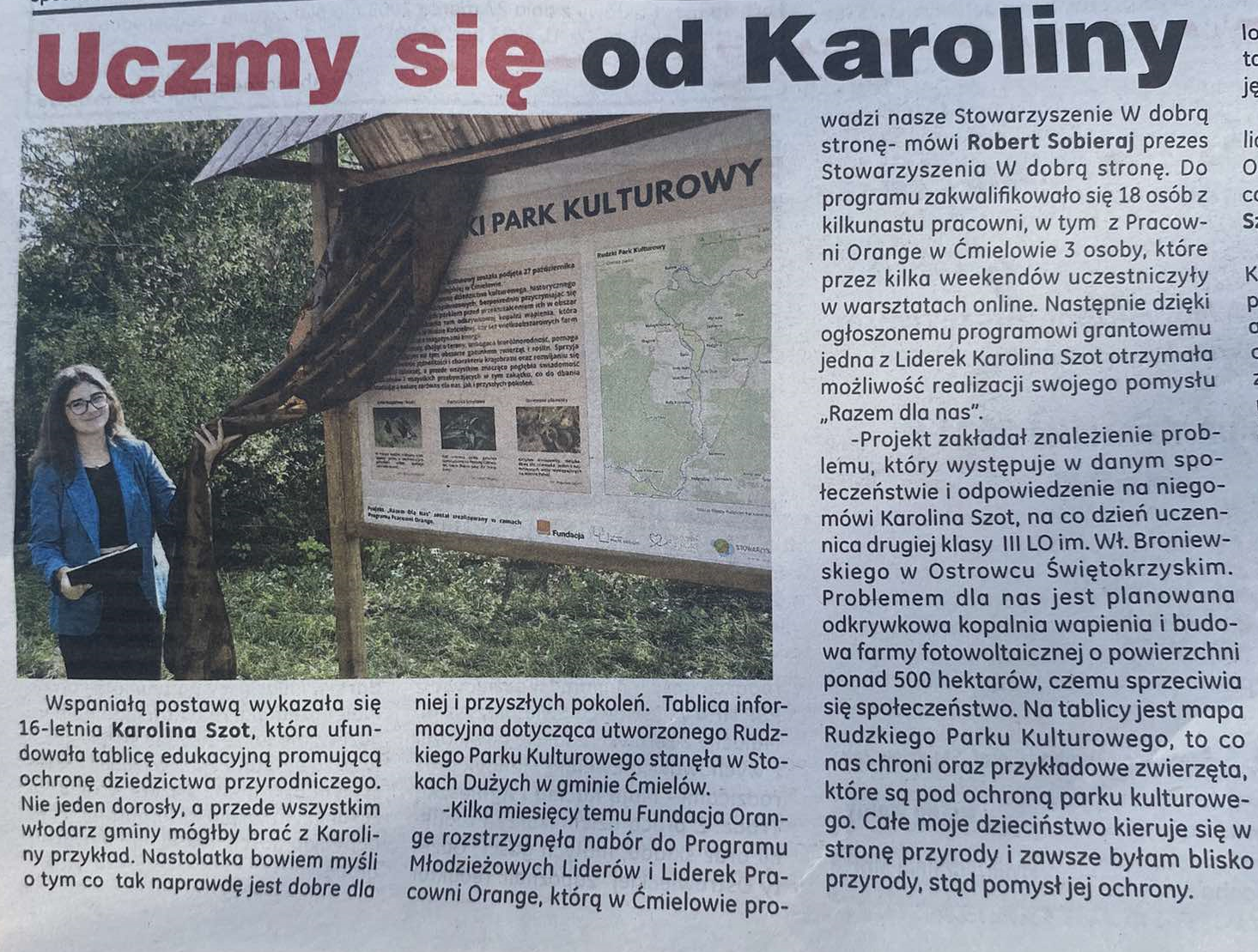 wycinek z gazety pod tytułem uczymy się od Karoliny