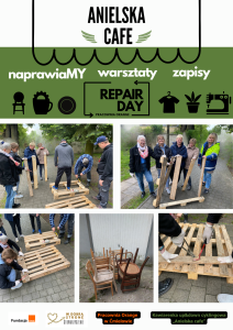 Kolaż zdjęć pokazujący pracę nad przekształceniem palet w meble.