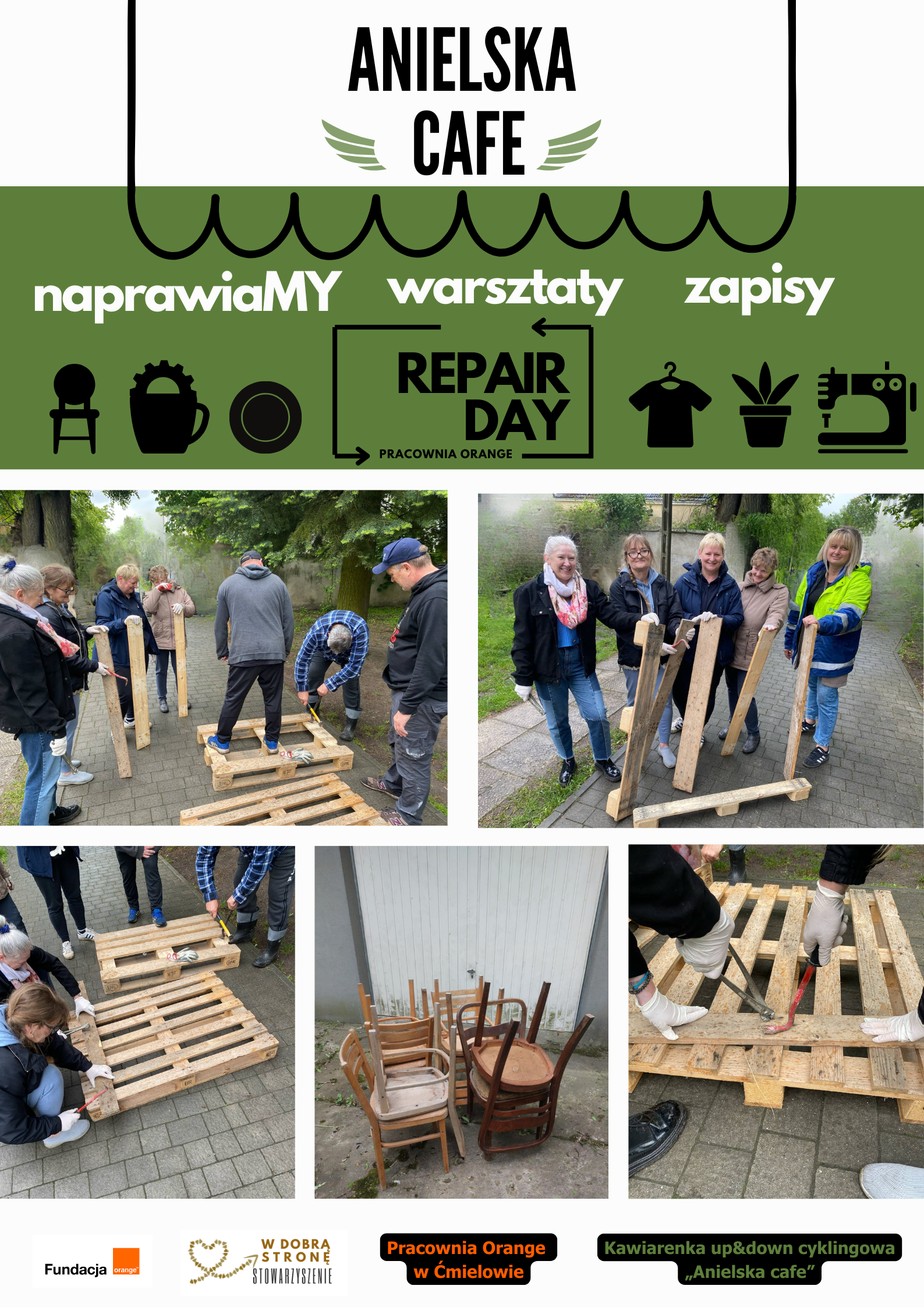 Kolaż zdjęć pokazujący pracę nad przekształceniem palet w meble.