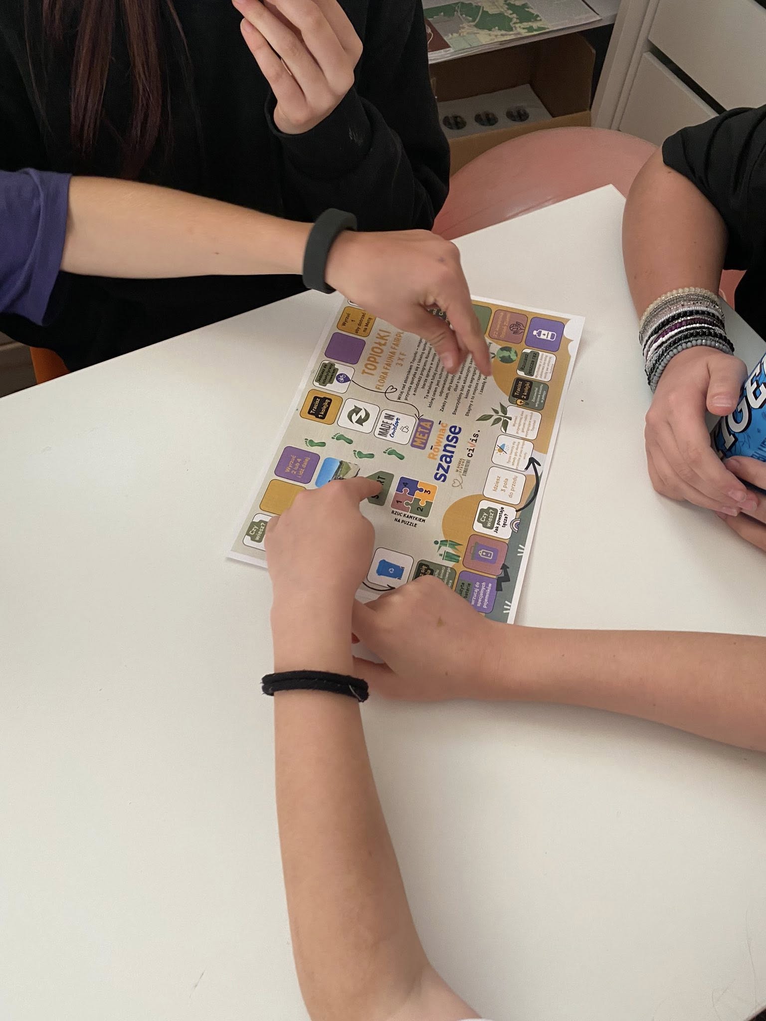 zdjęcie rąk kilku osób wskazujących palcami na ulotkę