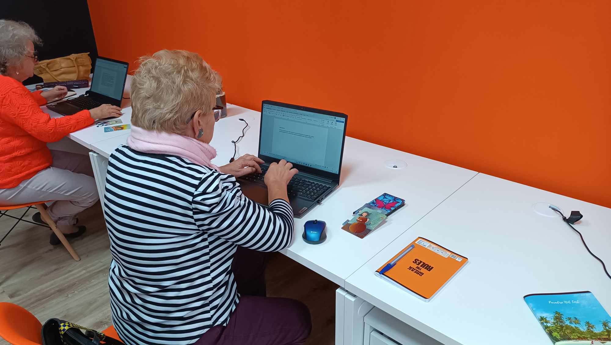 na zdjęciu starsze kobiety uczą się obsługi komputerów