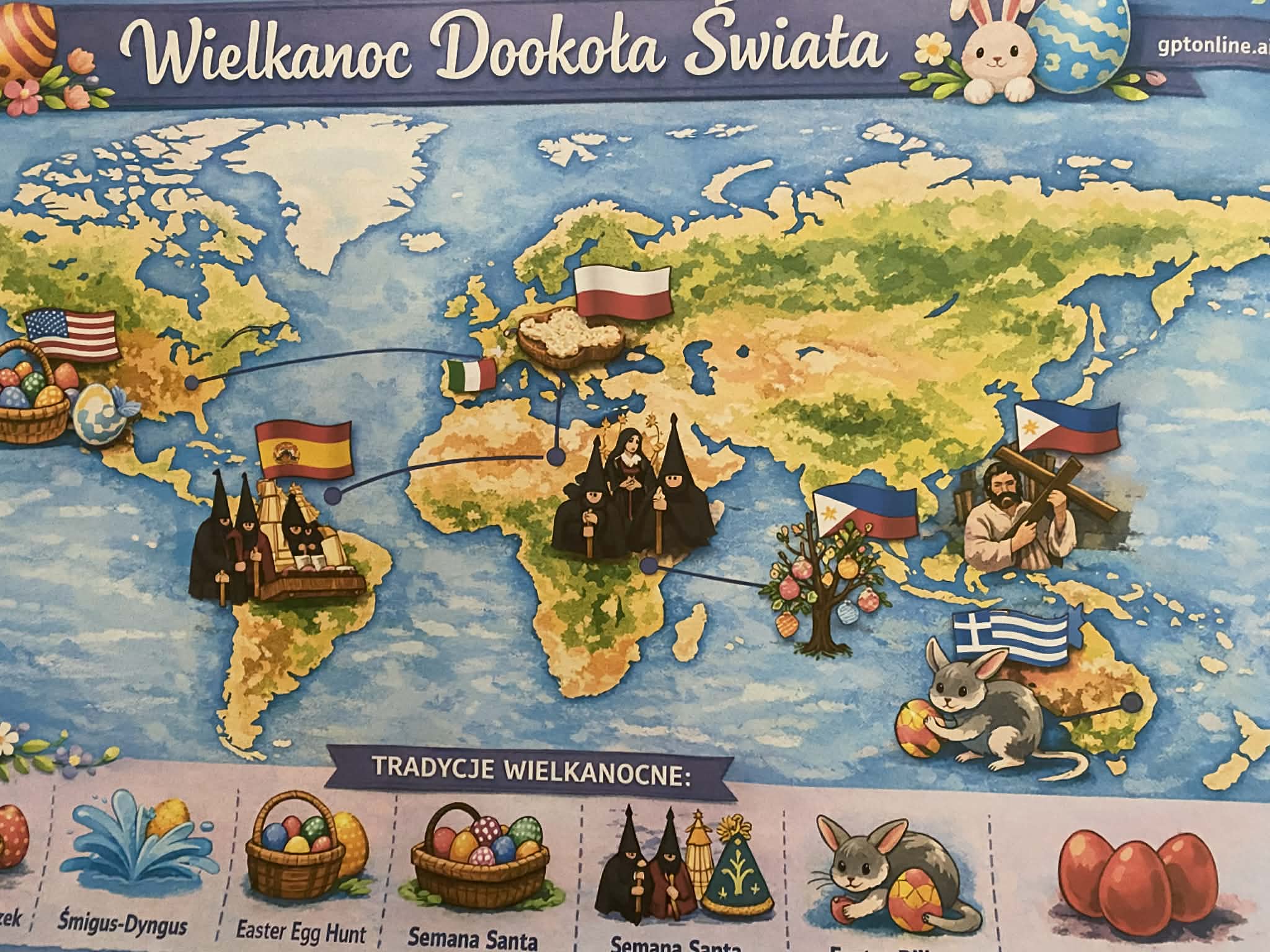 mapa świata ,wyszczególnione państwa zwroty wielkanocne w różnych językach