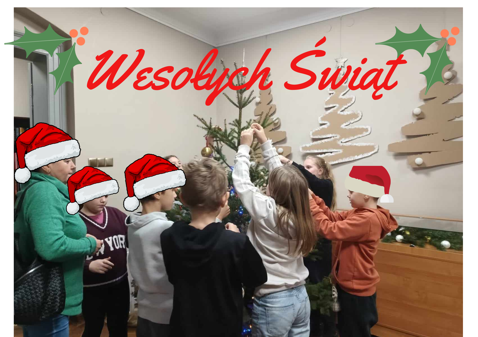 dzieci ubierają choinkę