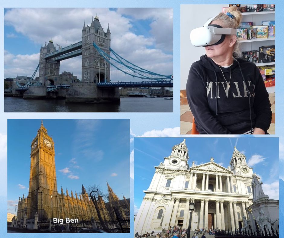 kolaż zdjęć czytelniczki z okularami VR oraz zdjęć Big Bena, mostu Tower Bridge i katedry św. Pawła