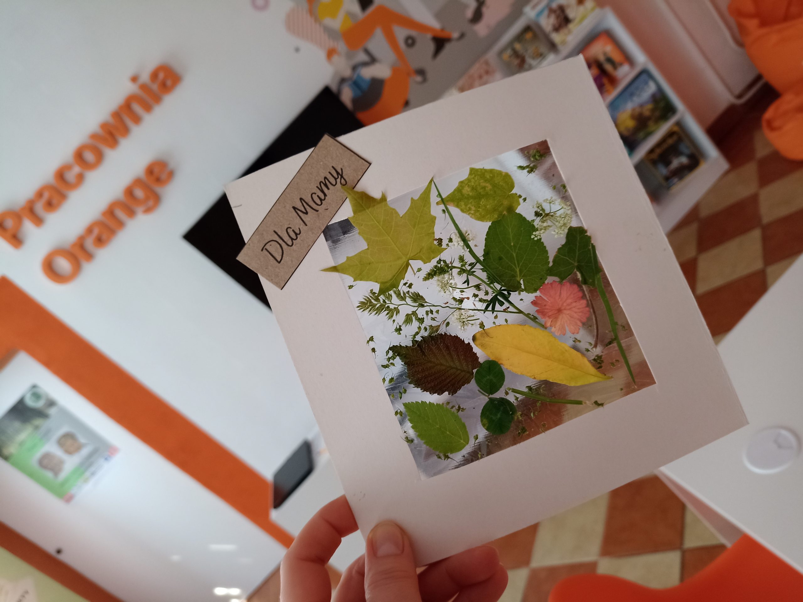 Na zdjęciu ręka trzymająca białą kwadratową ramkę wypełnioną kolorowymi liśćmi i trawami, w górnym rogu napis "Dla mamy"