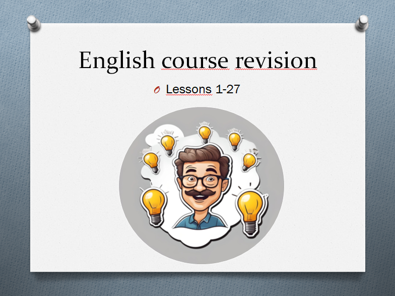 zrzut slajdu prezentacji z napisem english course revision lessons 1-27 z grafiką mężczyzny otoczonego przez zapalone żarówki