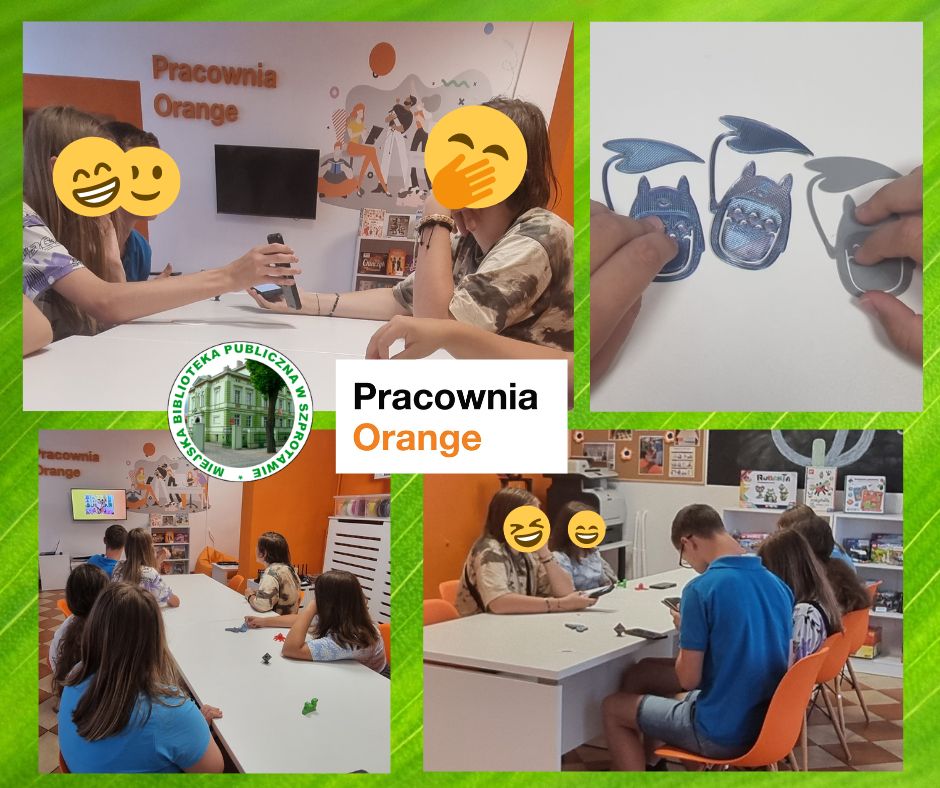 kolaż zdjęć młodzieży rozmawiającej o seriach anime i zgadującej tytuły oraz zdjęcie wydrukowanych zakłądek 3D, pośrodku logo biblioteki i pracowni orange