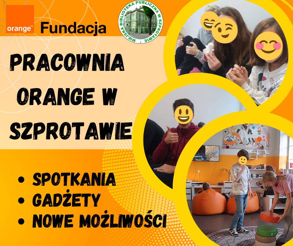 kolaż zdjęć dzieci z wydrukami 3d i w pracowni orange podczas gry na ps5 i zabawie pufami