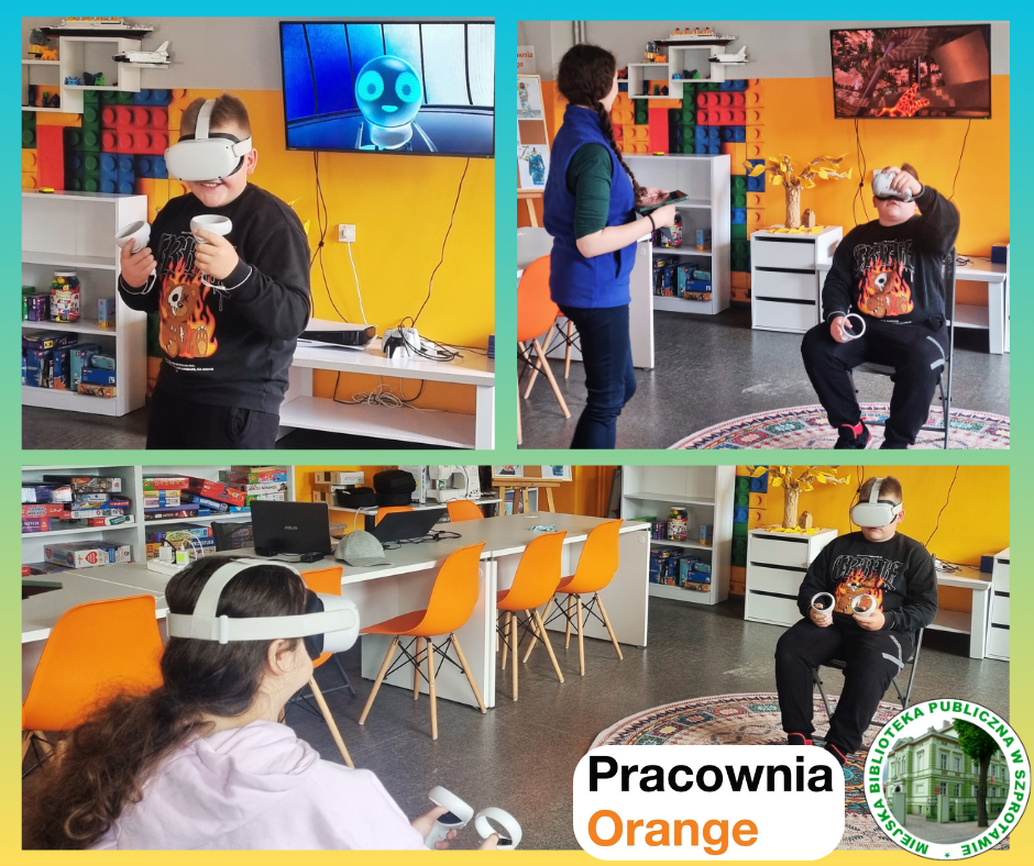 kolaż zdjęć dzieci z goglami podczas gry i bibliotekarki obok z tabletem, na dole logo biblioteki i pracowni orange