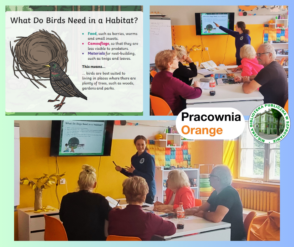 kolaż zdjęć bibliotekarki i seniorów podczas czytania slajdów, po lewej slajd z prezentacji o ptakach, po prawej logo biblioteki i pracowni orange