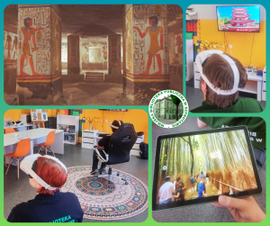 kolaż zdjęć czytelników z goglami VR i podglądu odwiedzanych wirtualnie grobowca Nefertari i lasu bambusowego, pośrodku logo biblioteki