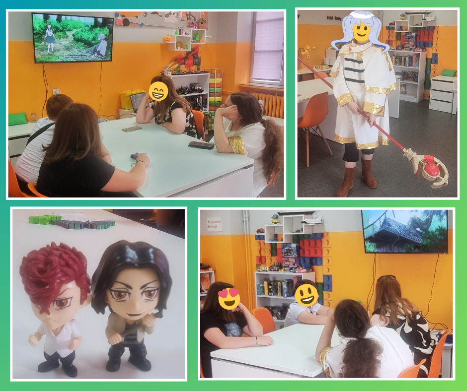 kolaż młodzieży oglądającej film, dziewczyny w stroju anime i figurek anime