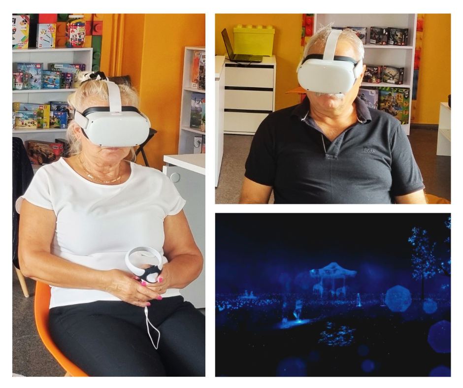 kolaż zdjęć seniorów z gogolami VR i obraz z zarysów ludzi w ciemności