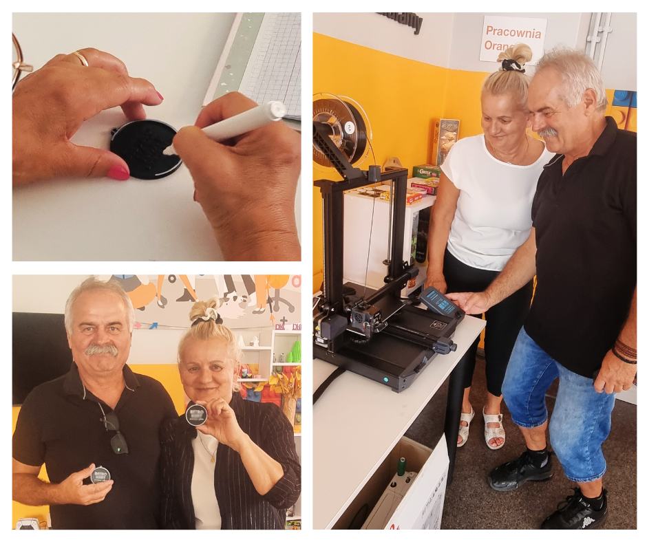 kolaż zdjęć seniorów przy drukarce 3D, podczas malowania wydruku i z gotowymi zawieszkami