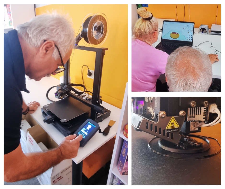 kolaż zdjęć seniorów przy laptopie, drukarce 3D i wydruku zawieszki