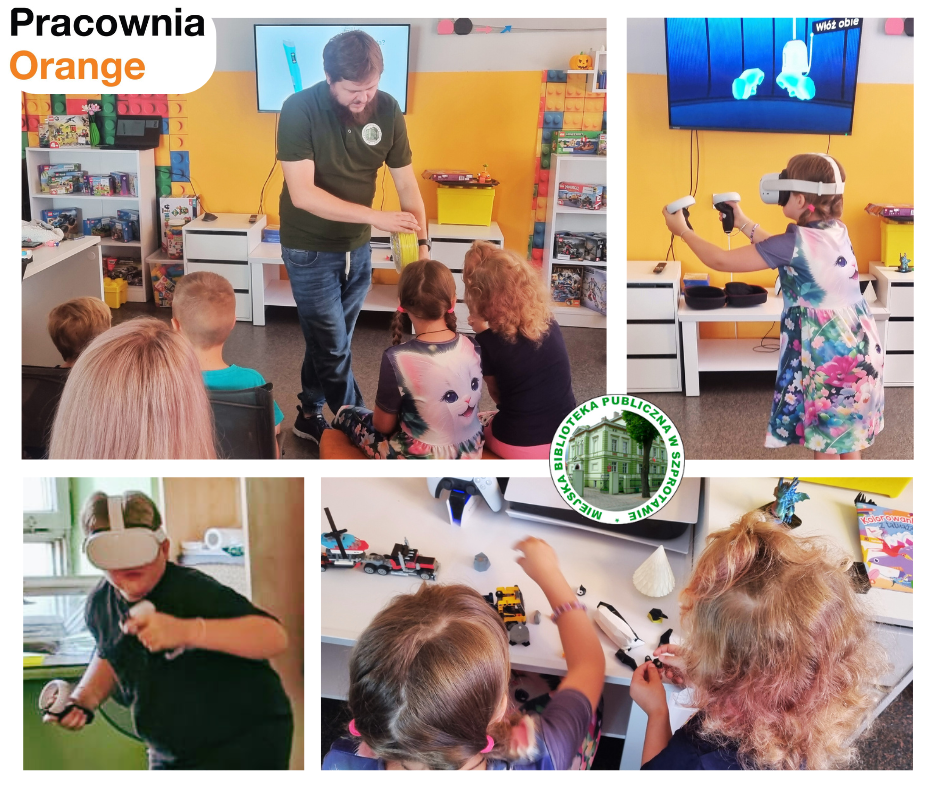 kolaż zdjęć dzieci oglądających filament, wydruki 3D i podczas grania na goglach VR, po lewej logo pracowni orange, po prawej logo biblioteki