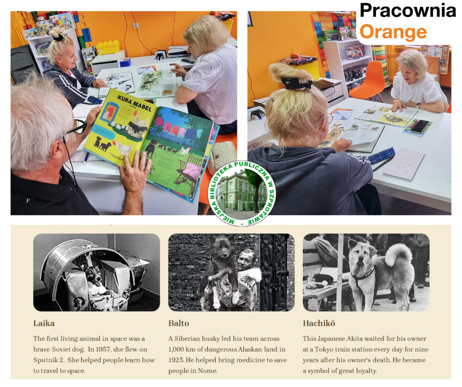 kolaż zdjęć seniorów oglądających książki o psach, na dole slajd o sławnych psach, pośrodku logo biblioteki, po prawej logo pracowni orange