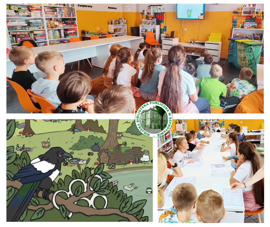 kolaż zdjęć dzieci oglądających filmik, przy stoliku z zadaniami i slajd z bajki o sroczce, pośrodku logo biblioteki