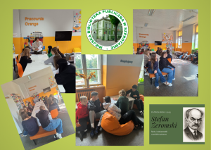 kolaż zdjęć młodzieży z bibliotekarką przy stolikach w pracowni orange i slajd z prezentacji z napisem patron roku 2025 Stefan Żeromski fakty i ciekawostki o polskim pisarzu, obok karykatura autora, na górze logo biblioteki