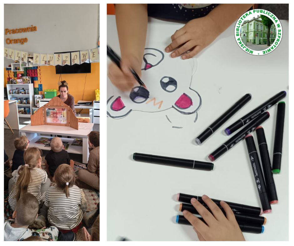 kolaż dwóch zdjęć, na jednym prowadząca prezentuje bajkę w teatrzyku kamishibai, na drugim widać dłonie dziecka, kolorujące szablon głowy misia, obok na stole widać mazaki