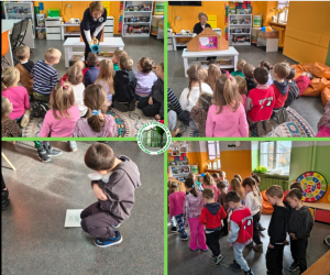 kolaż czterech zdjęć: na pierwszym prowadząca nachyla się w kierunku siedzących przodem do niej dzieci, na drugim: prowadząca siedzi za skrzynką teatrzyku kamishibai a dzieci oglądają bajkę, na trzecim: jeden chłopiec kuca nad kartką i przygląda się jej, na ostatnim widać grupę stojących tyłem dzieci.