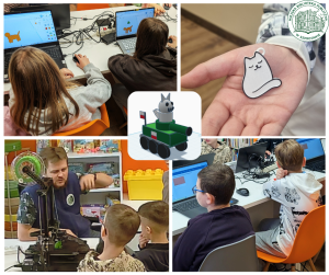 kolaż zdjęć dzieci podczas projektowania w 3D, zdjęcie breloka kota oraz bibliotekarza prezentującego drukarkę, pośrodku zdjęcie modelu kota 3D, po prawej logo biblioteki