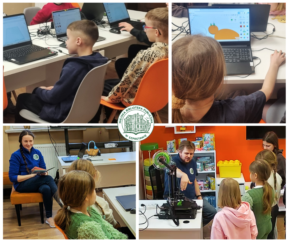 kolaż zdjęć dzieci projektujących modele 3d oraz biblitotekarzy podczas czytania wiersza i prezentacji drukarki, pośrodku logo biblioteki