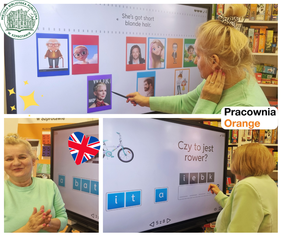 kolaż zdjęć czytelniczek podczas rozwiązywania zadań na ekranie dotykowym, po lewej logo biblioteki, po prawej logo pracowni orange