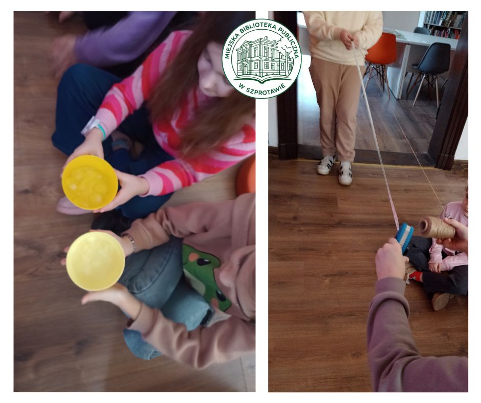 kolaż dwóch zdjęć, z logiem Miejskiej Biblioteki Publicznej w Szprotawie, na jednym 2 dziewczynki trzymają miseczki z roztopionym lodem, na drugim dwoje chłopców trzyma miarkę i sznurek, stoją naprzeciwko siebie, sznurek jest rozciągnięty między nimi.