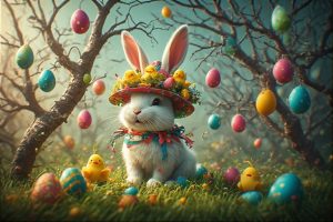 obrazek zająca w kolorowym kapeluszu wśród drzew udekorowanych kolorowymi jajkami