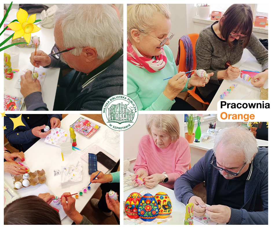 kolaż zdjęć czytelników podczas dekorowania plastikowych jajek, pośrodku logo biblioteki, po prawej logo pracowni orange