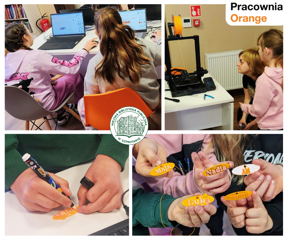 kolaż zdjęć dzieci podczas projektowania, oglądania wydruku modeli, kolorowania i prezentacji wydruków, pośrodku logo biblioteki, po prawej logo pracowni orange