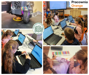 kolaż zdjęć dzieci przy laptopach podczas projektowania zawieszek i ich kolorowania, oraz zdjęcie drukarki podczas wydruku, pośrodku logo biblioteki, po prawej logo pracowni orange