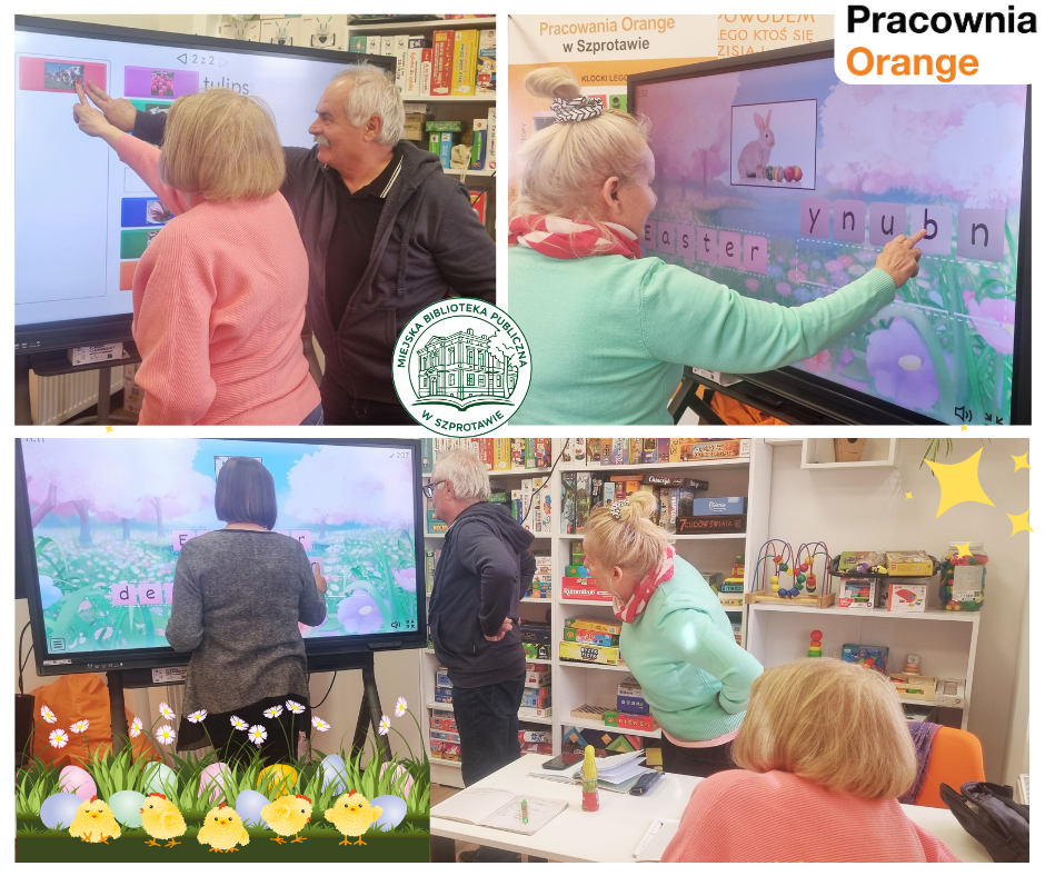 kolaż zdjęć seniorów podczas rozwiązywania zadań na ekranie interaktywnym, pośrodku logo biblioteki, po prawej logo pracowni orange