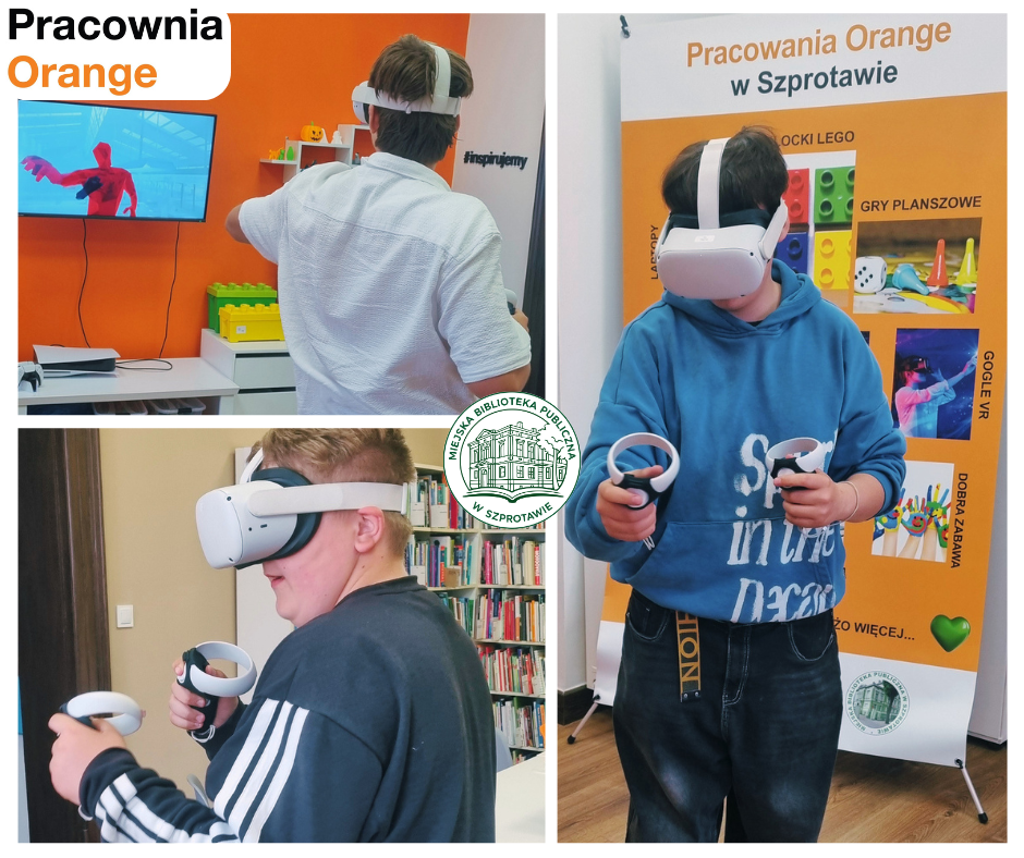 kolaż zdjęć chłopców podczas gry na goglach VR, pośrodku logo biblioteki, po lewej logo pracowni orange