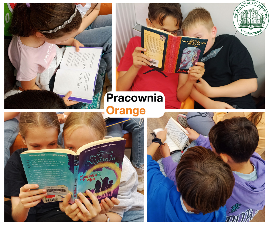 kolaż zdjęć młodzieży podczas wspólnego czytania książek, pośrodku logo pracowni orange, po prawej logo biblioteki