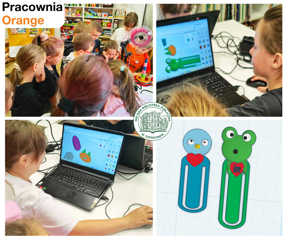 Kolaż zdjęć dzieci podczas oglądania drukarki 3D, projektowania modeli na laptopach i gotowych modeli zakładek pingwinka i żabki, po lewej logo pracowni orange, pośrodku logo biblioteki