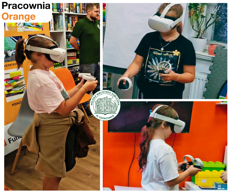 Kolaż zdjęć dzieci z goglami VR na głowie podczas grania i malowania w wirtualnej rzeczywistości, po lewej logo pracowni orange, pośrodku logo biblioteki