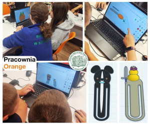 kolaż zdjęć młodzieży podczas projektowania zakładek do książek oraz gotowych modeli 3D, pośrodku logo biblioteki, po lewej logo pracowni orange