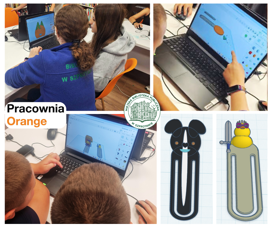 kolaż zdjęć młodzieży podczas projektowania zakładek do książek oraz gotowych modeli 3D, pośrodku logo biblioteki, po lewej logo pracowni orange