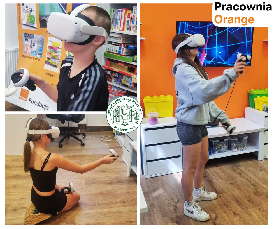 kolaż zdjęć dzieci podczas gry na goglach VR, pośrodku logo biblioteki, po prawej logo pracowni orange