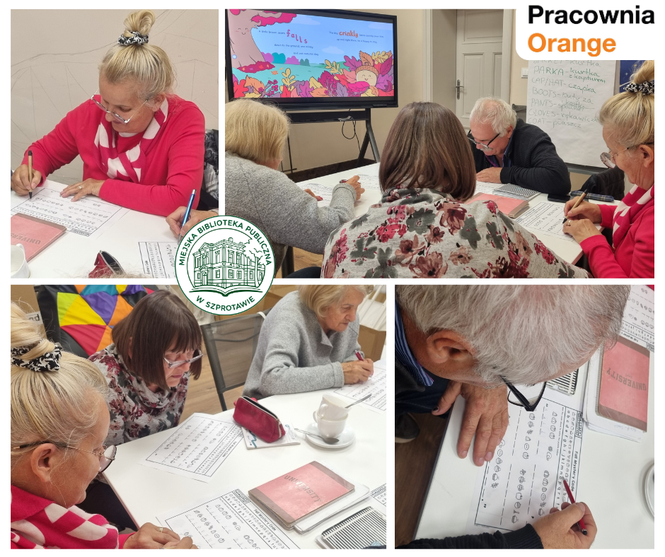 kolaż zdjęć seniorów przy stoliku podczas rozwiązywania zadań na kartkach, po prawej logo pracowni orange, po lewej logo biblioteki