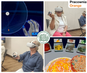 kolaż zdjęć seniorek z goglami VR i zrzutów z aplikacji z pizzą i rękawicami, pośrodku logo biblioteki, po prawej logo pracowni orange